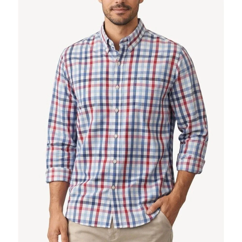 J.Crew Flex Washed Plaid Button Down Shirt Red Blue White Gingham Shirt XL